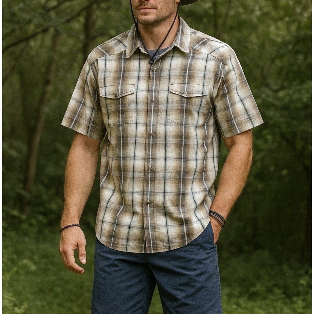 Prana Men's XXL Snap Front Shirt Brown Plaid Casual Streetwear